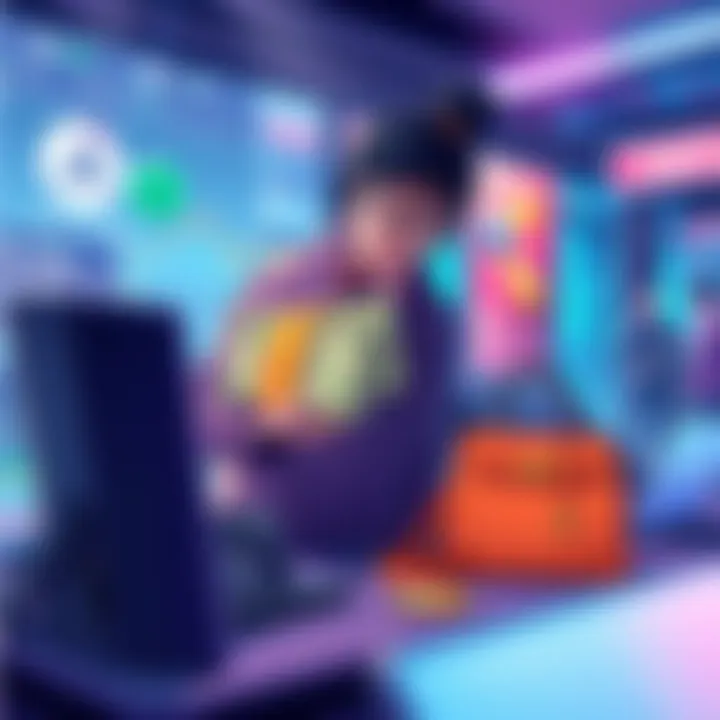 Trade for Premium Prizes Illustration of a person trading on a digital platform with prizes like cash, a PS5 Pro, and Hermรจs bag visible