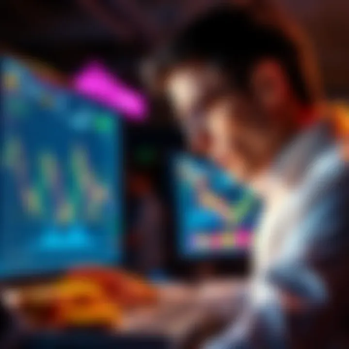 A trader looks concerned while viewing a chart showing Bitcoin's price drop after a high-leverage investment.