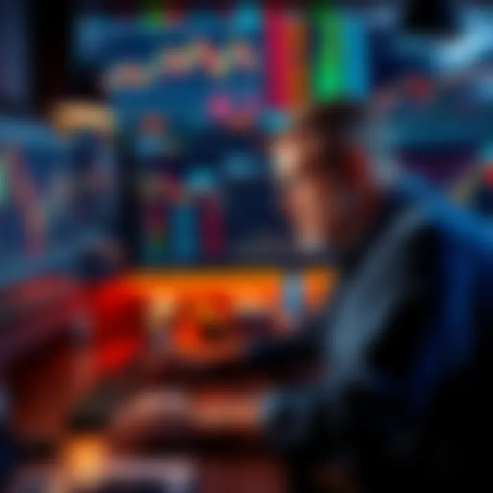 A trader studying graphs and charts on a computer, reflecting on past trading decisions and planning future trades