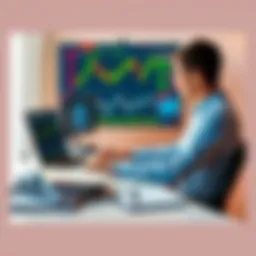 Trader Analyzing Market Data A trader sitting at a desk reviewing market charts and data on a laptop, with trading books and notes nearby, preparing for pro trading.