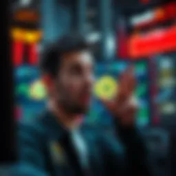 Trader with Bitcoin transaction error A trader looking shocked while reviewing a Bitcoin transaction with an excessive fee displayed on a screen