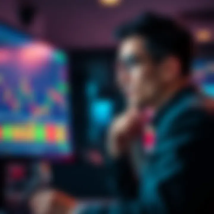 A thoughtful trader looking at a screen with Bitcoin charts, contemplating their 3% investment decision