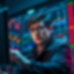 A trader looking at market charts and weighing options to cash out or invest more, with a worried expression.