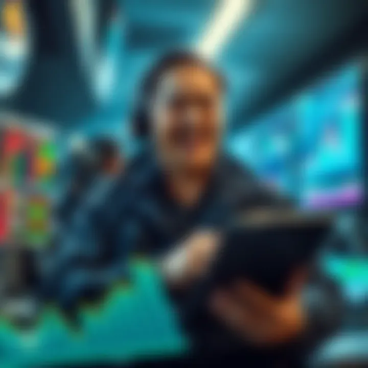 A trader smiling while looking at financial charts showing gains in LRC investments