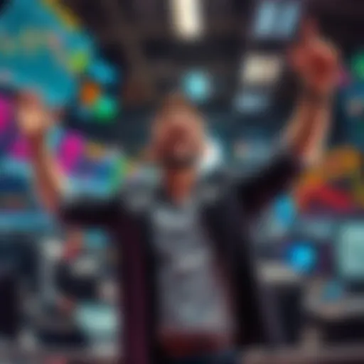 A trader celebrating after winning over $1 million on Polymarket from early Google data access. He appears excited in a bustling office surrounded by screens showing trading data.