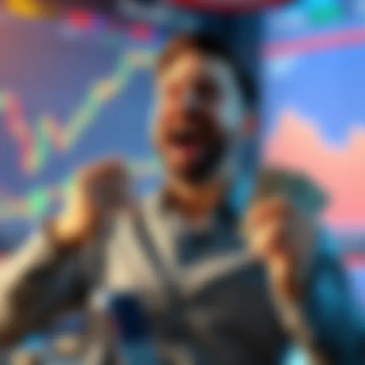 A happy trader celebrating a successful month of trading with cash in hand and charts showing profits in the background