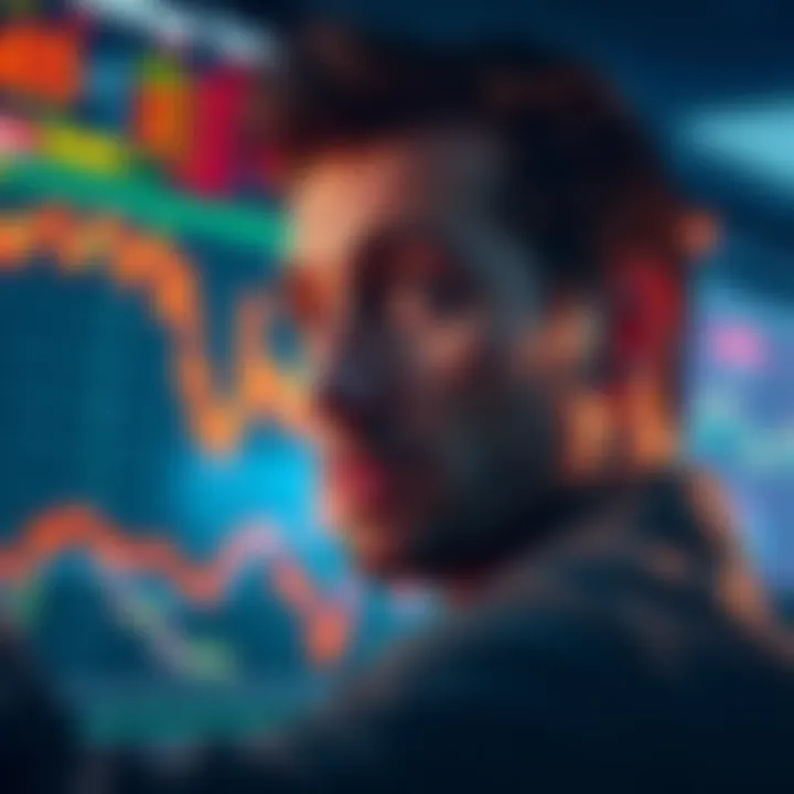 A trader gazes at fluctuating stock charts, showcasing a mix of anxiety and determination as they prepare to trade a funded account.