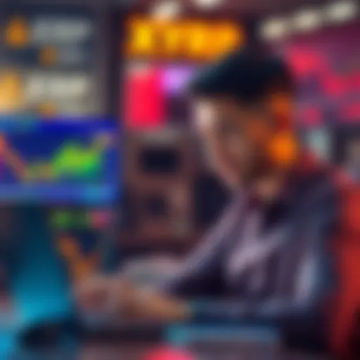 A trader looks worried while checking cryptocurrency prices on a laptop, feeling regret for selling part of his XRP holdings.