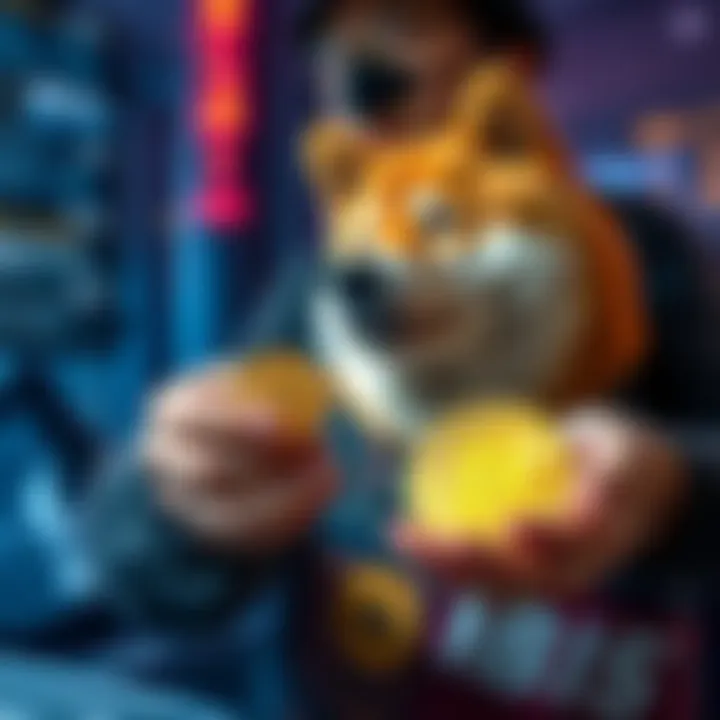A person holding Shiba Inu coins in one hand and Dogecoin in the other, symbolizing a cryptocurrency trade.