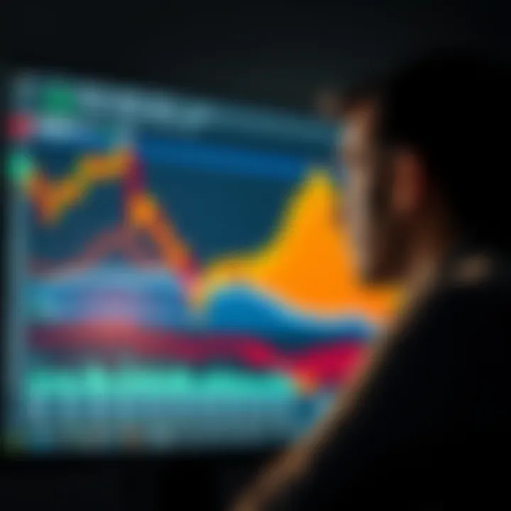 Trader looking at falling cryptocurrency chart A frustrated trader staring at a screen displaying a sharply declining cryptocurrency chart, symbolizing a significant financial loss.