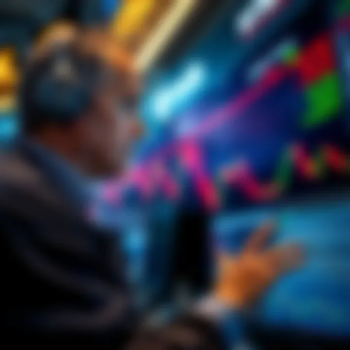 Trader looking at falling stock prices A trader examines a stock chart displaying declining prices, contemplating buying decisions during a market downturn.