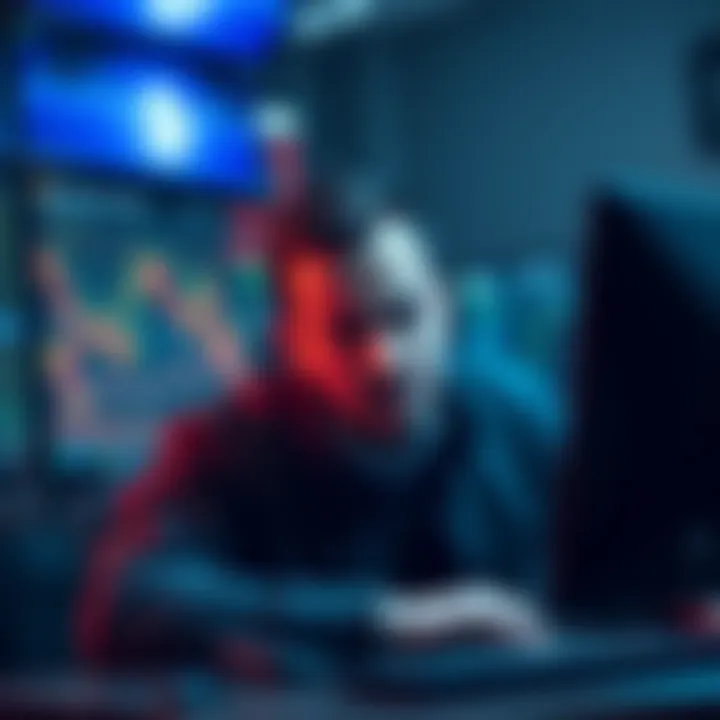 Trader Liquidation A distressed trader looking at falling Bitcoin prices on a computer screen, showing regret over his short position.