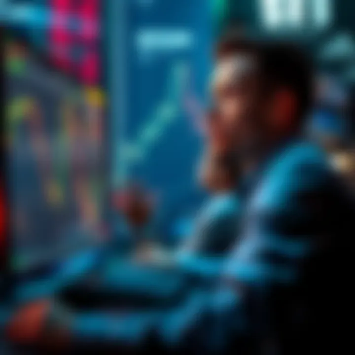 A trader reviewing the Dogecoin price chart on a computer, showing ups and downs, with a thoughtful expression.