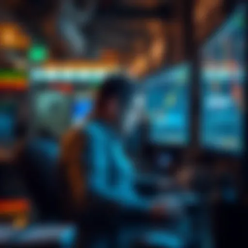 A trader sits at a desk, visibly stressed while looking at a computer screen displaying a significant loss in leverage trading. The atmosphere reflects tension and regret over financial decisions.
