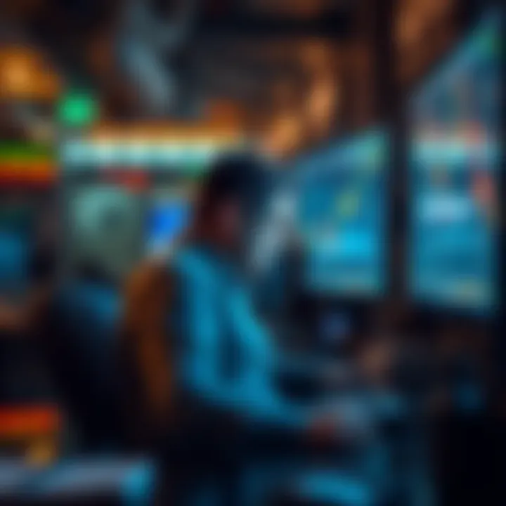 A trader sits at a desk, visibly stressed while looking at a computer screen displaying a significant loss in leverage trading. The atmosphere reflects tension and regret over financial decisions.