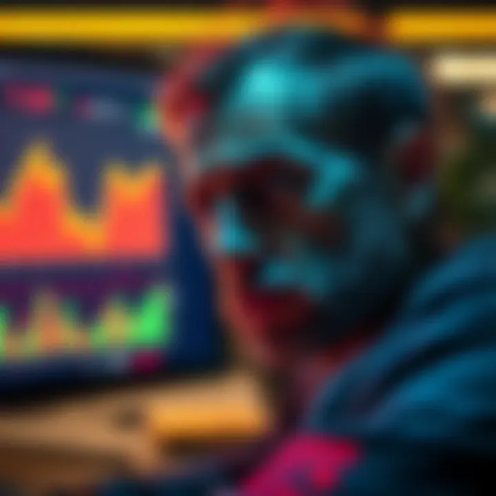 Trader looks worried after closing a large short position, showing a chart with a downward trend on screen, reflecting a financial setback.