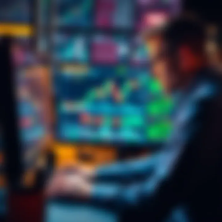 Trader managing risks A focused trader analyzing charts and data on a computer screen to manage trading risks and avoid overtrading.