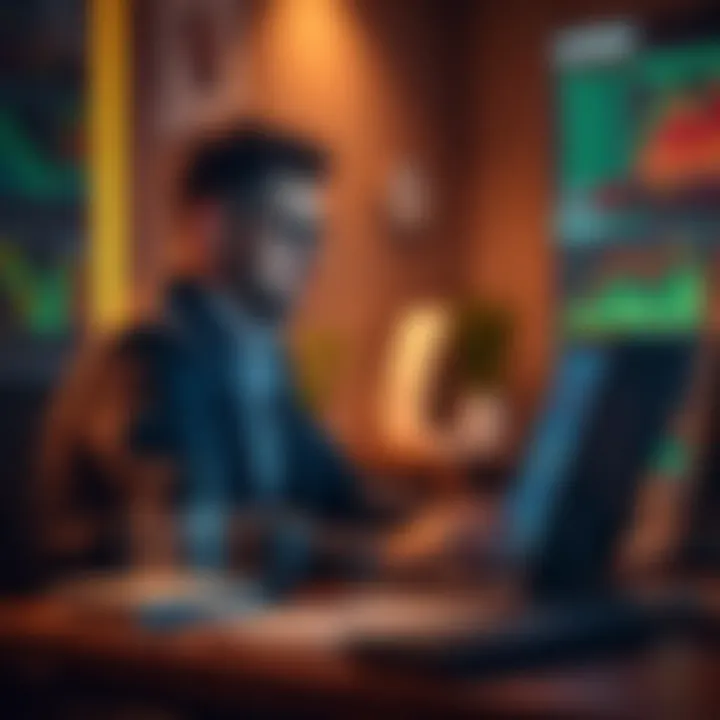 A determined trader sits at a desk, working on a laptop with financial charts, looking focused and ready to restart their journey after losing everything to taxes.