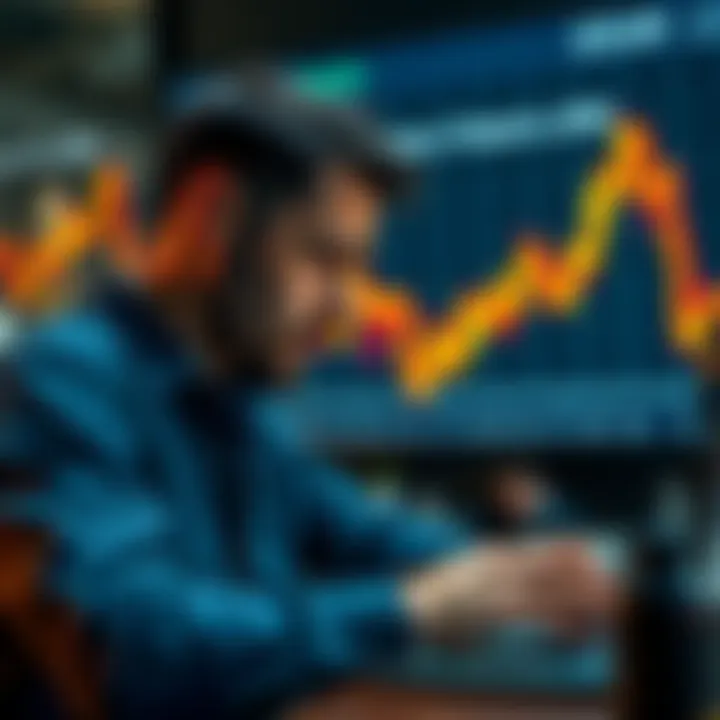 A novice trader looking worried while checking Bitcoin prices on a laptop, with a graph showing a decline in the background.