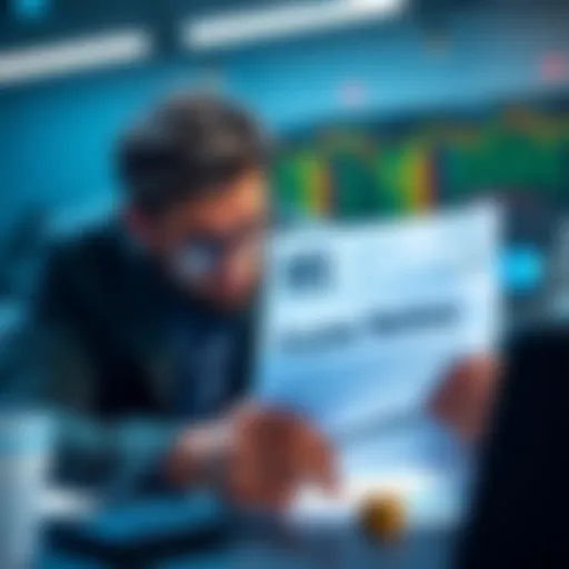 A worried cryptocurrency trader looks at an IRS notice, surrounded by financial documents and a calculator, expressing concern over a tax bill.