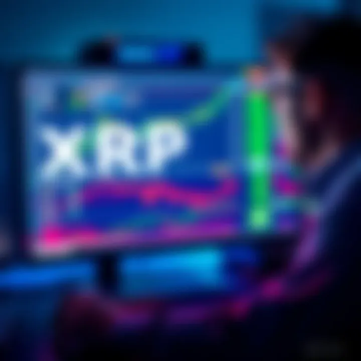 A trader analyzing XRP market trends on a computer screen, with graphs and charts showing price movements and profit margins.
