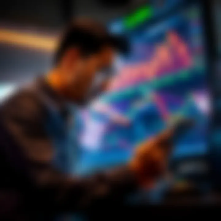 A trader looking at charts while selling CRO coins for XRP, showing excitement about their profit.