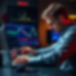 Trader using simple strategy A focused trader analyzing charts on a laptop while considering a straightforward trading method involving trend-following and risk management.