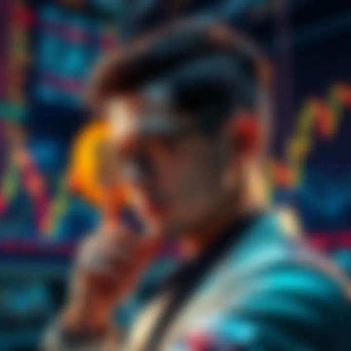 A trader contemplating the sale of SpaceX shares to invest in Bitcoin, with stock market charts in the background showing fluctuating trends.