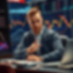 A confident trader at a desk, pointing to a chart showing market resistance at 80K, with a determined expression.