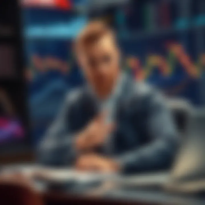 A confident trader at a desk, pointing to a chart showing market resistance at 80K, with a determined expression.