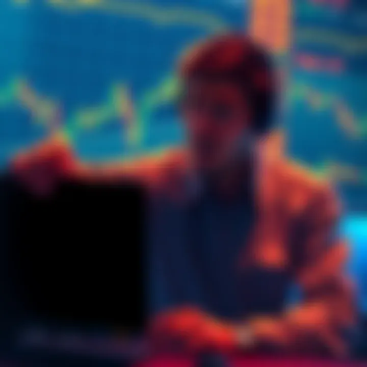 Trader Seeking Support A distressed trader holding their head in despair with a computer screen showing falling cryptocurrency charts, symbolizing loss in the market.