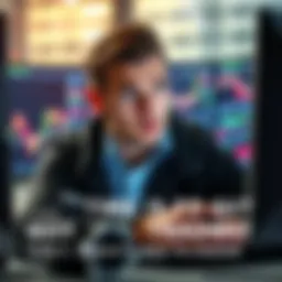 A trader looking worried while checking trading charts on a computer, symbolizing the struggle with financial stress and addiction.