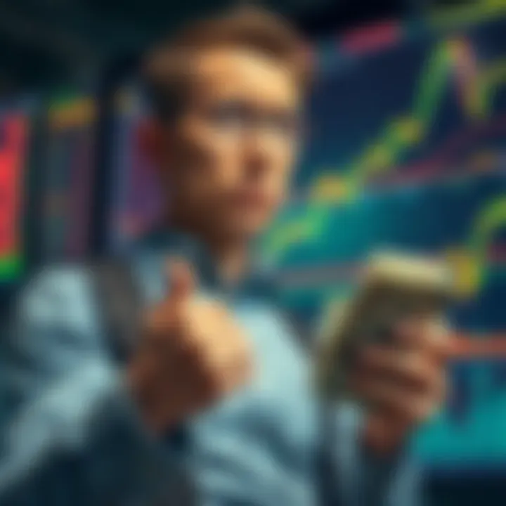 Trader with a worried expression holds cash while looking at financial charts on a screen, representing market fluctuations.