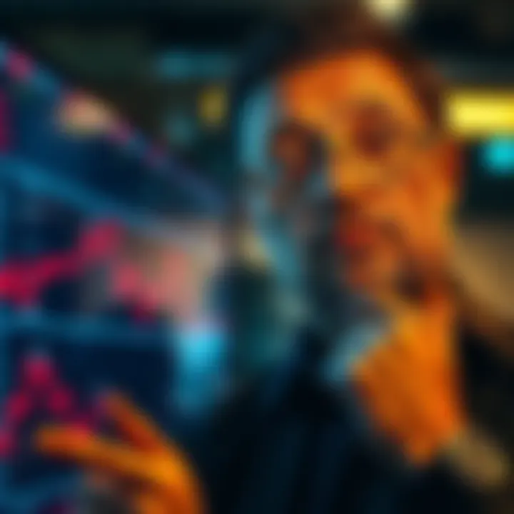 A trader looking at a declining graph with a thoughtful expression, symbolizing acceptance of partial loss in trading.