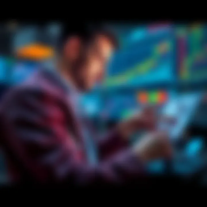 A focused trader studying charts and graphs, representing market analysis and decision-making, in a dynamic trading environment.