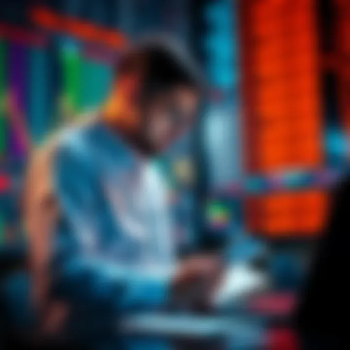 Trader looking at financial charts with a laptop and notes, pondering potential profits