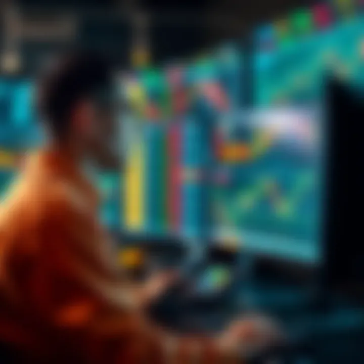A focused trader looking at multiple monitors with crypto charts and data, contemplating trading strategies.