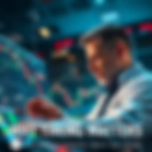 A trader closely examines stock market charts and graphs, reflecting on financial decisions