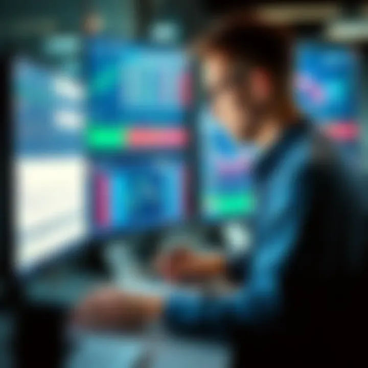 A trader looks at charts and graphs on a computer screen, analyzing market trends and making decisions.