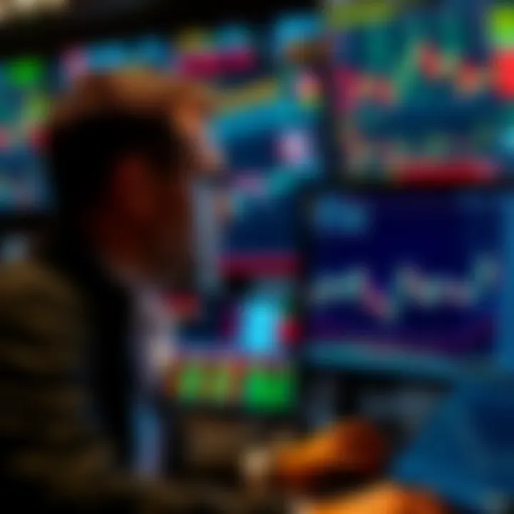 A focused trader looks at multiple screens displaying stock market data and charts, reflecting the intense environment of trading.