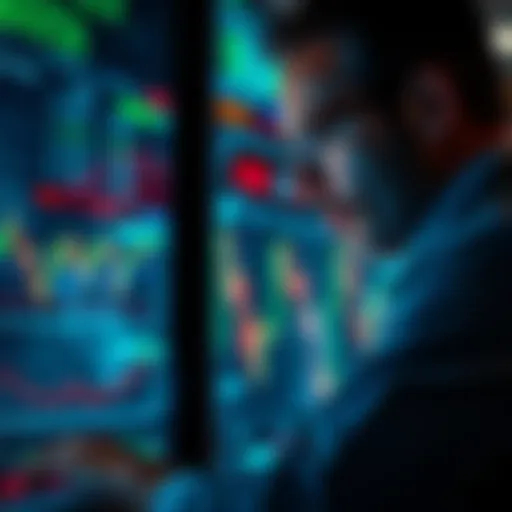 A trader looking at market charts and graphs, deep in thought about exiting trades in a volatile market.