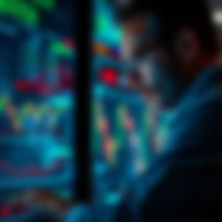 A trader looking at market charts and graphs, deep in thought about exiting trades in a volatile market.