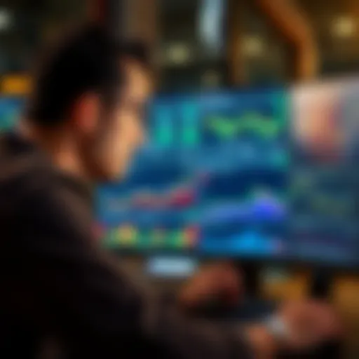 A focused trader looking at multiple charts and graphs on a computer screen during a slow market period.