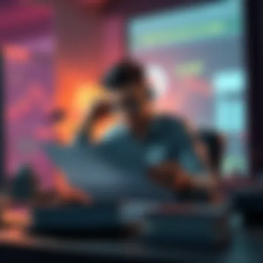 A small trader sitting at a desk, looking frustrated while reviewing documents related to Binance fund requirements.