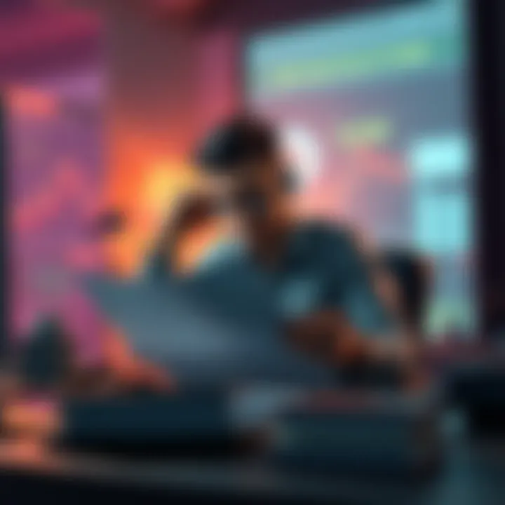 A small trader sitting at a desk, looking frustrated while reviewing documents related to Binance fund requirements.