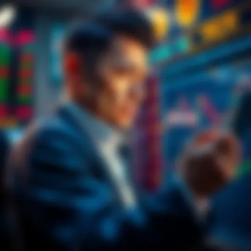 Trader Reflecting on Bitcoin Buying Decision A trader looks worried while checking Bitcoin prices on a chart, pondering his decision to wait for lower prices, with a sense of regret on his face.