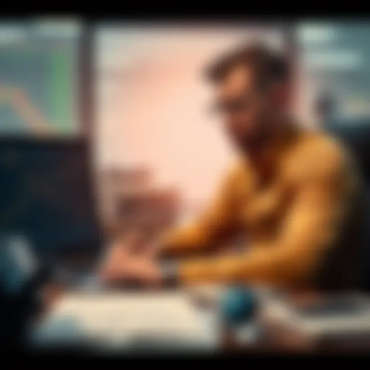 Trader contemplating Bitcoin and Ethereum A stock trader sitting at a desk looking at charts of Bitcoin and Ethereum, showing signs of uncertainty, with a laptop and financial reports around
