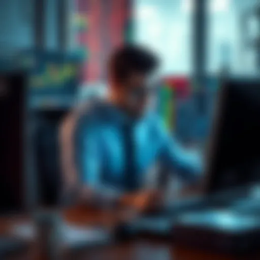 A trader sitting at a desk, looking frustrated while staring at multiple screens with stock charts, feeling bored and making poor decisions.