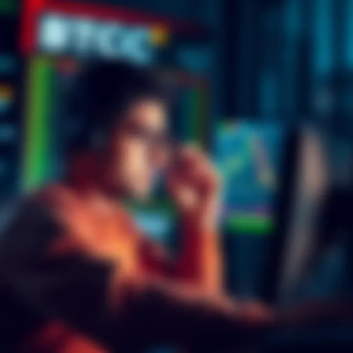 Frustrated trader looking at a computer screen showing financial losses related to BTCC exchange