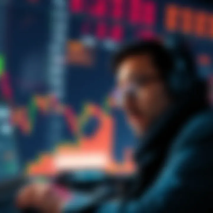 A trader looking at fluctuating stock charts with expressions of concern and hope, showing the ups and downs of trading.